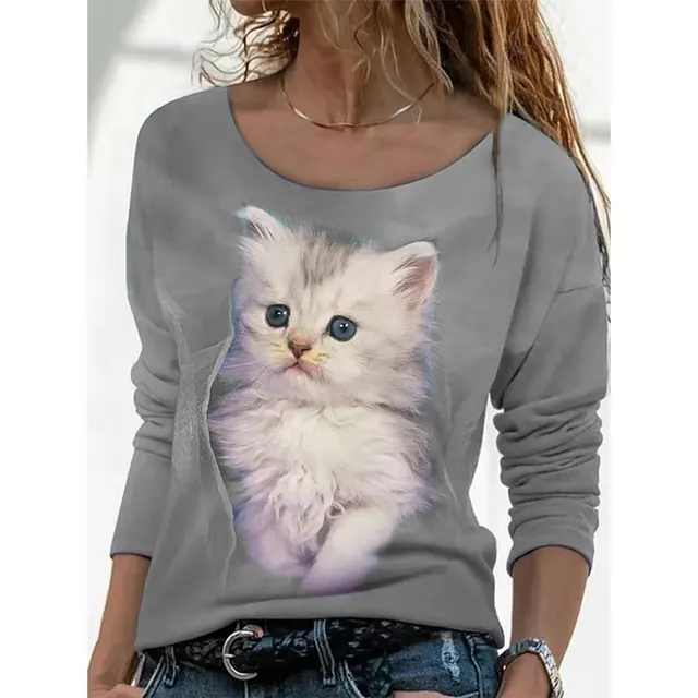 New Animal Pattern Long sleeved T shirt Female Bottoming Shirt Grey - Shop at LoveMi