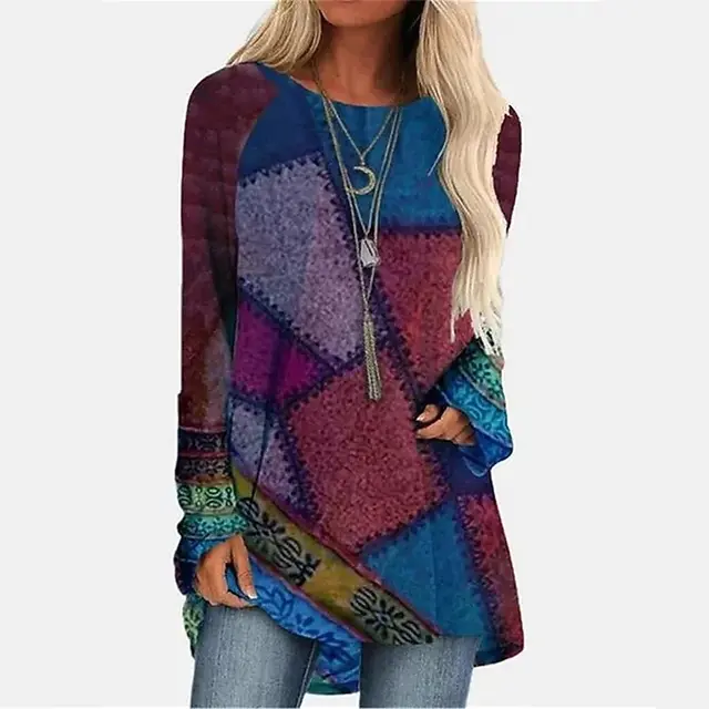 Women's T shirt Long Sleeve 3D Flower Stitching Printing Round Neck Dress Blue - Shop at LoveMi
