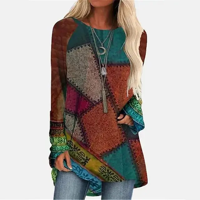 Women's T shirt Long Sleeve 3D Flower Stitching Printing Round Neck Dress Green - Shop at LoveMi