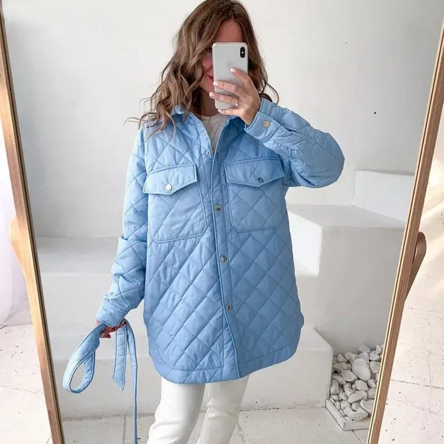 Long Breasted Lapel Loose Warm Lingge Cotton Jacket For Women Light Blue - Shop at LoveMi