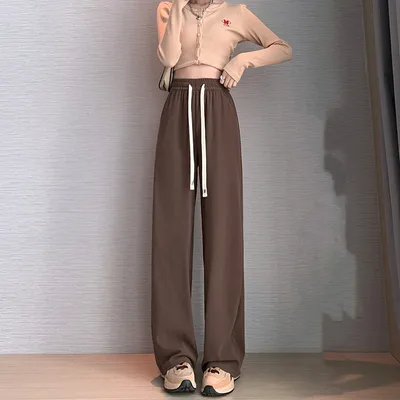 Women's High Waist Loose Straight Casual Knitting Pants Petite Curry - Shop at LoveMi