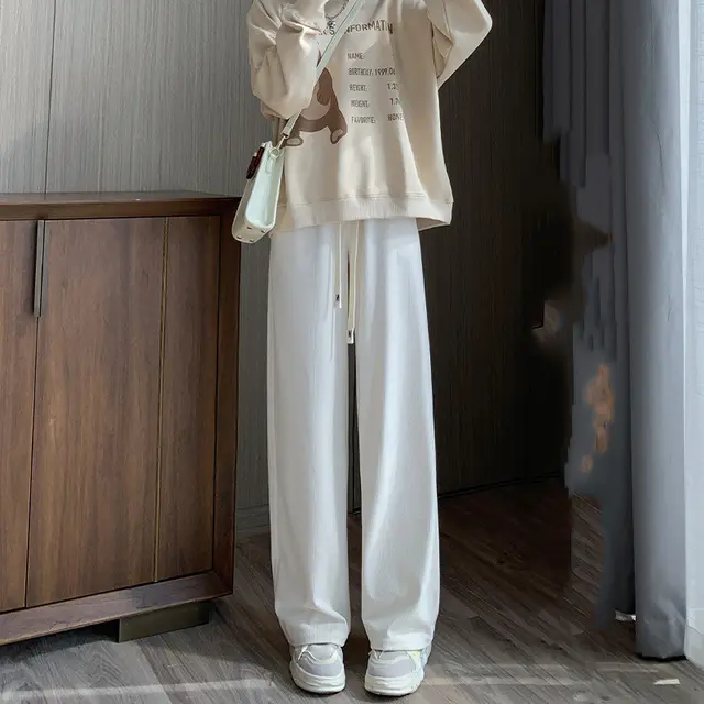 Women's High Waist Loose Straight Casual Knitting Pants Regular Beige - Shop at LoveMi