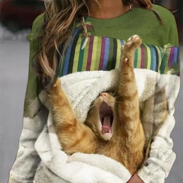 Round Neck Pattern Print Long Sleeve Jumper For Women Burst Cat Print1 - Shop at LoveMi