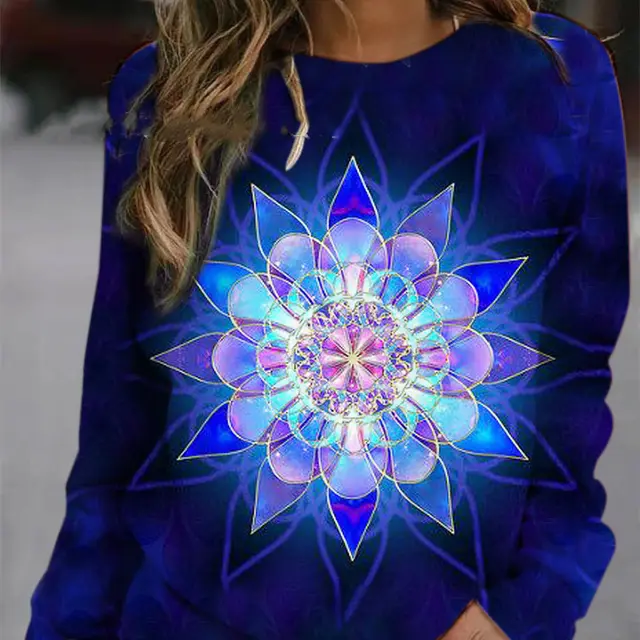 Round Neck Pattern Print Long Sleeve Jumper For Women Dark Blue Gradien6 - Shop at LoveMi