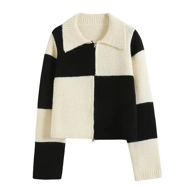 Black And White Checkerboard Knitted Cardigan For Women Black And White Check - Shop at LoveMi