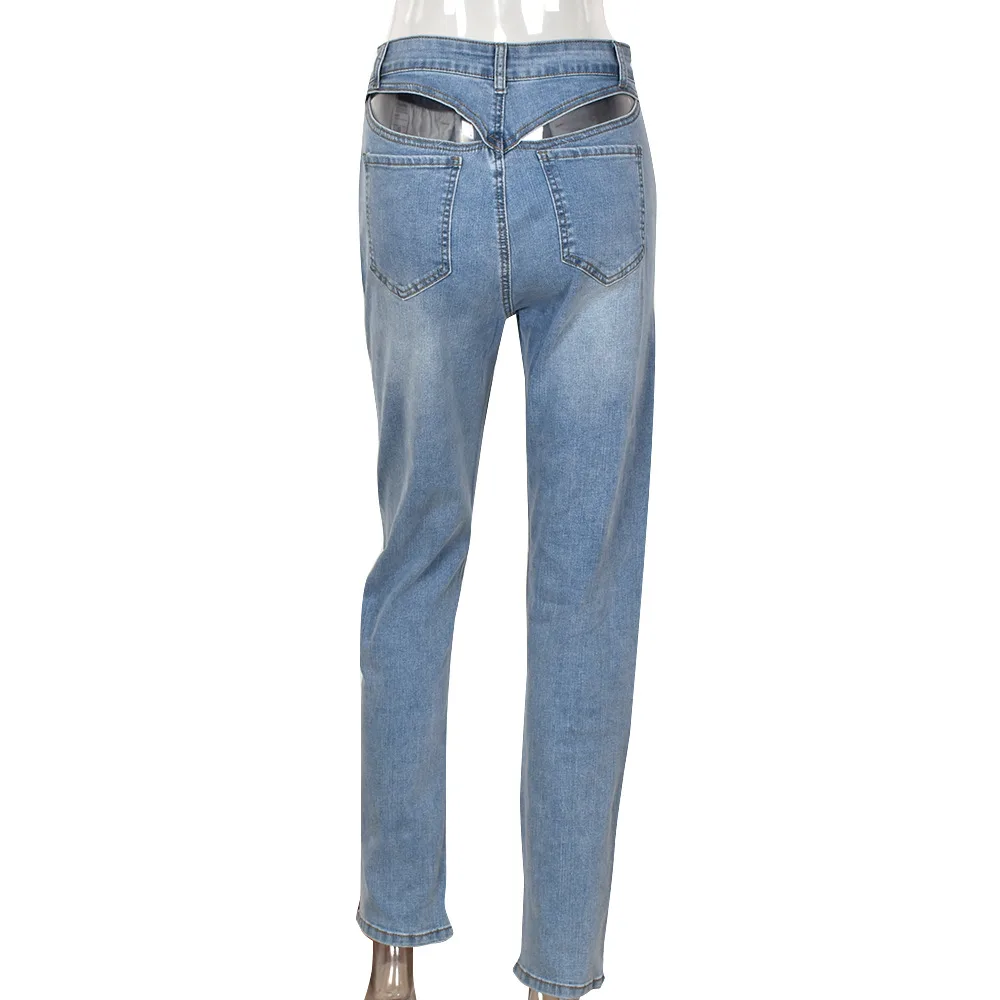 Women's High waisted Denim Washed Hollow Stretch Leggings Light Blue - Shop at LoveMi