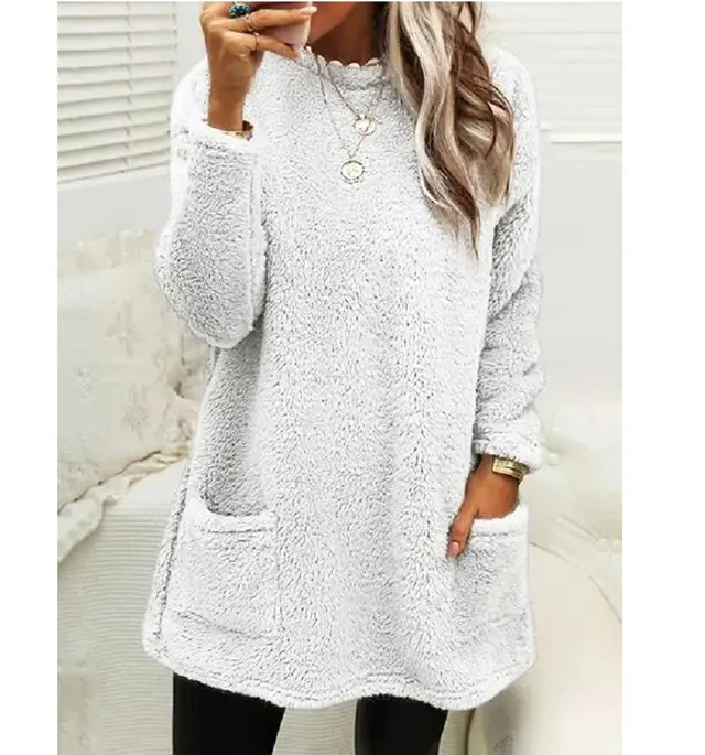 Women's Fleece Pullover Long Sweater With Pockets Winter Warm Thinken Sweatershirt Casual Long Sleeve Plush Tops Hoodie Coat Streetwear Fall Loose Outfits Hoodie Tops White - Shop at LoveMi