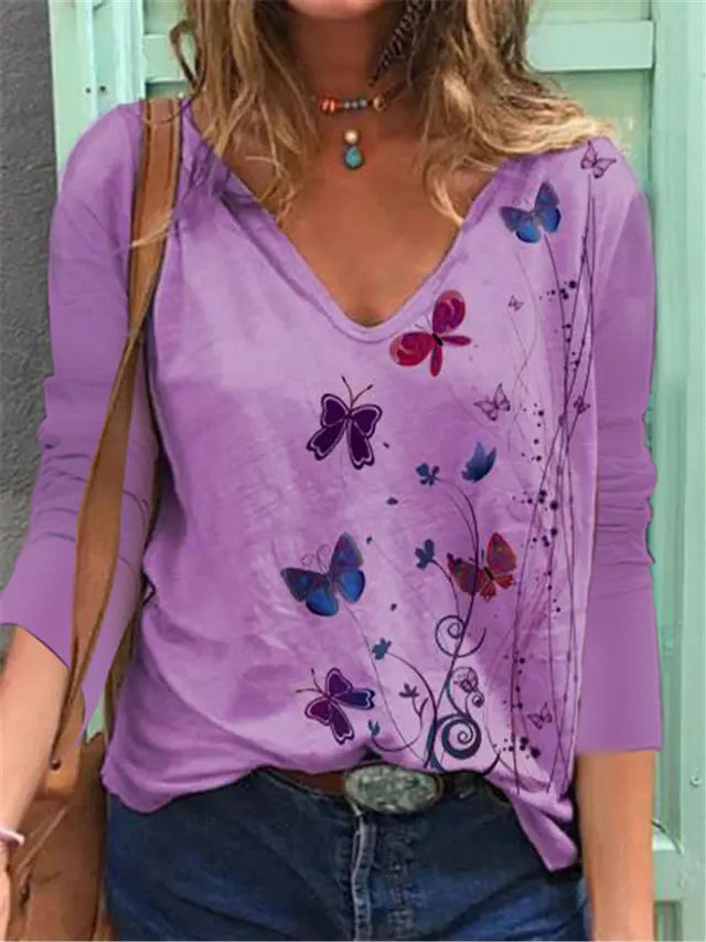 Butterfly Printed Long Sleeve V neck T shirt For Women Purple - Shop at LoveMi