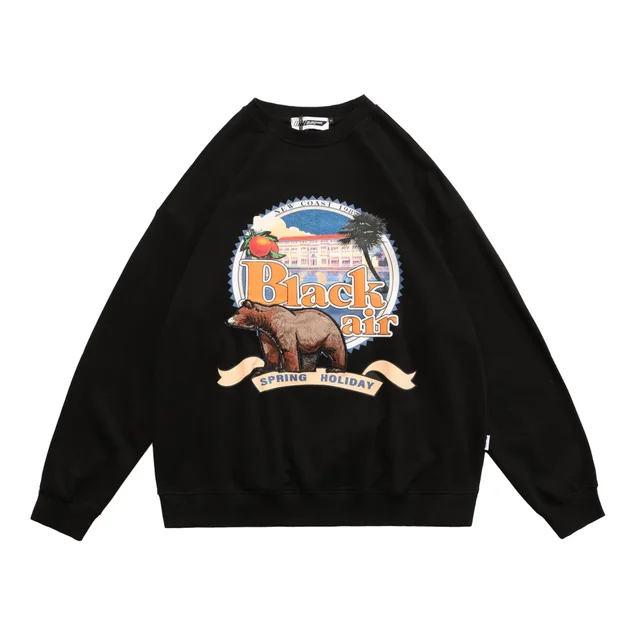 Sweatshirt Retro Print Embroidered 3D Bear Long Sleeve T Shirt Black - Shop at LoveMi