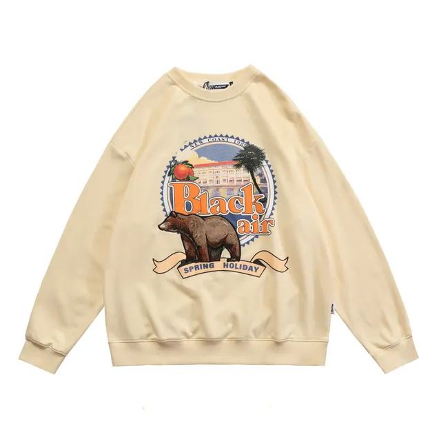 Sweatshirt Retro Print Embroidered 3D Bear Long Sleeve T Shirt Khaki - Shop at LoveMi