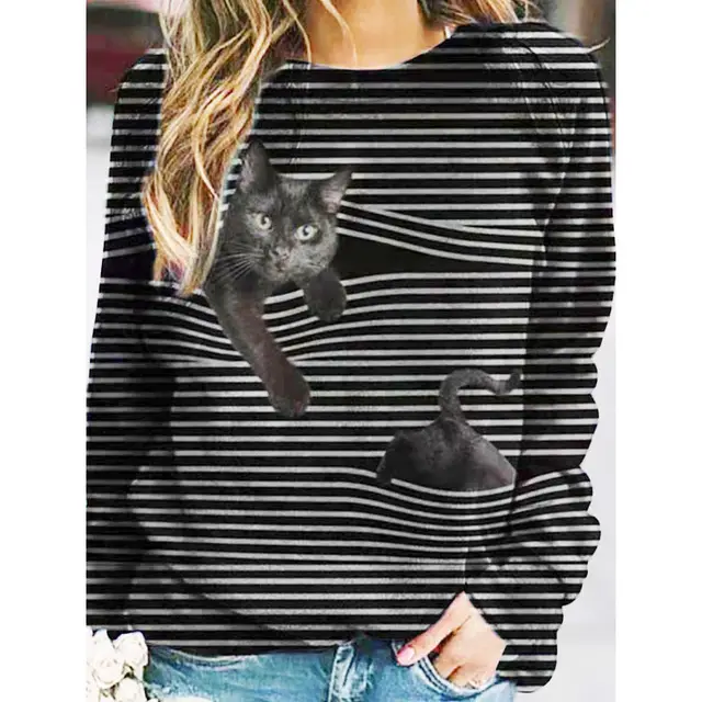 3D Cartoon Pattern Round Neck Stripe Long Sleeve T shirt Grey - Shop at LoveMi