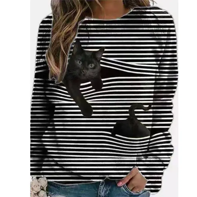 3D Cartoon Pattern Round Neck Stripe Long Sleeve T shirt White - Shop at LoveMi