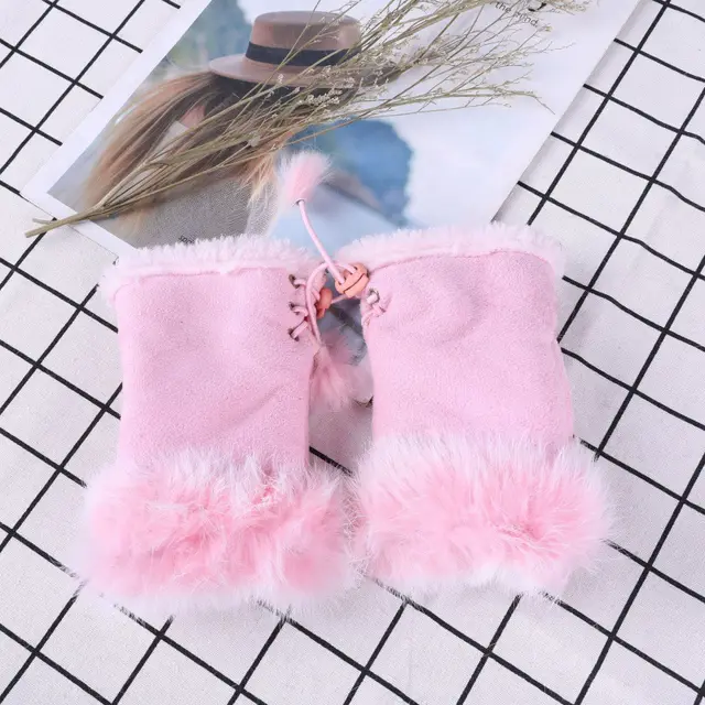 Suede Rabbit Hair Half Finger Gloves Pink - Shop at LoveMi