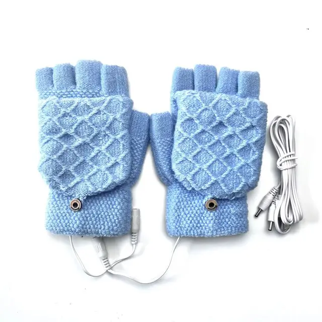 USB Knitted Jacquard Half finger Flip Electric Gloves Blue - Shop at LoveMi