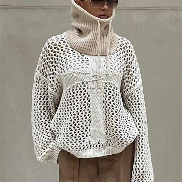 Women's Fashion Round Neck Hollow Knitted Sweater Apricot - Shop at LoveMi