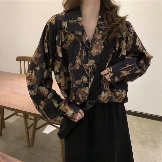 Women's Design Vintage Port Style Loose Long Sleeve Shirt Black - Shop at LoveMi