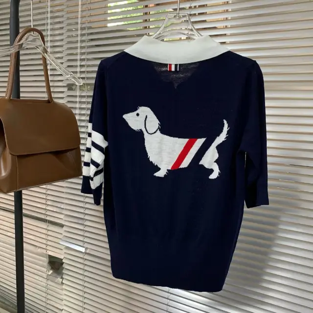 New Thin Stripe Dog Pattern POLO Polo T Shirt Dachshund Short Sleeve Navy Blue - Shop at LoveMi