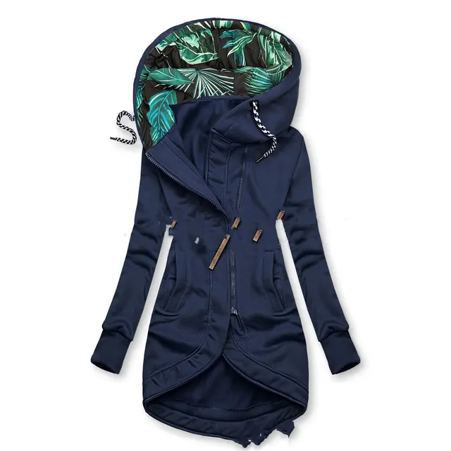Solid Colour Printed Hooded Long Sleeve Jacket Navy Blue - Shop at LoveMi