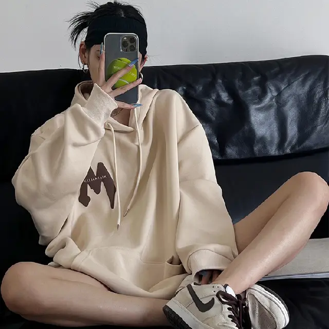 Loose Fitting Hooded Long Sleeved Sweater Apricot - Shop at LoveMi
