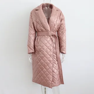 Large Medium Length Lingge Fashionable Cotton Padded Jacket For Women - Khaki