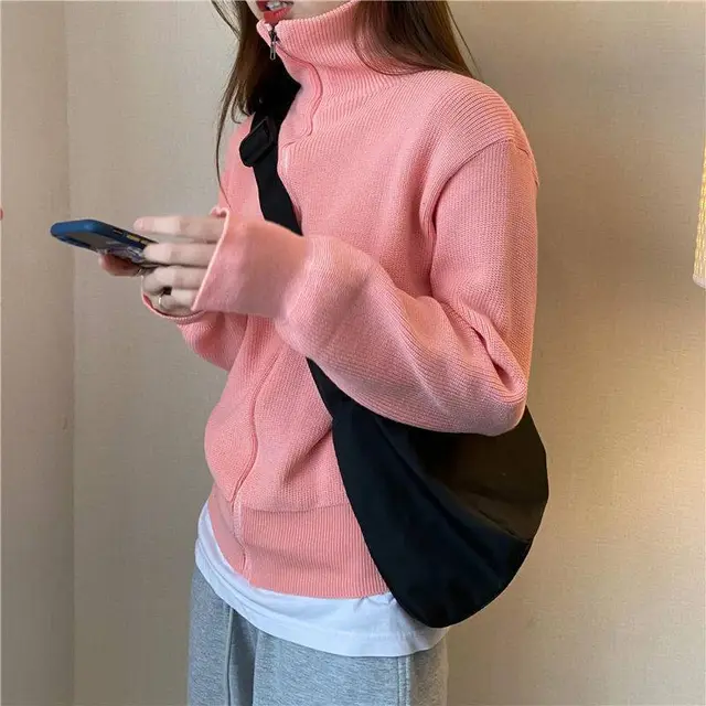 Versatile Long Sleeve Thick Knit Cardigan Loose Pink - Shop at LoveMi