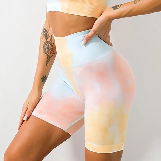 Women's Seamless Knitting Tie Dyed Sweatpants Suit Yellow Shorts - Shop at LoveMi