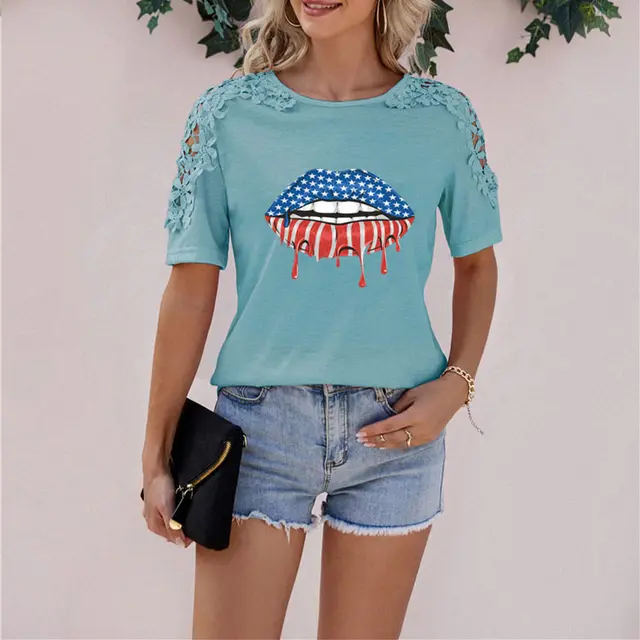 Lip Printed Short Sleeved T Shirt Blue - Shop at LoveMi