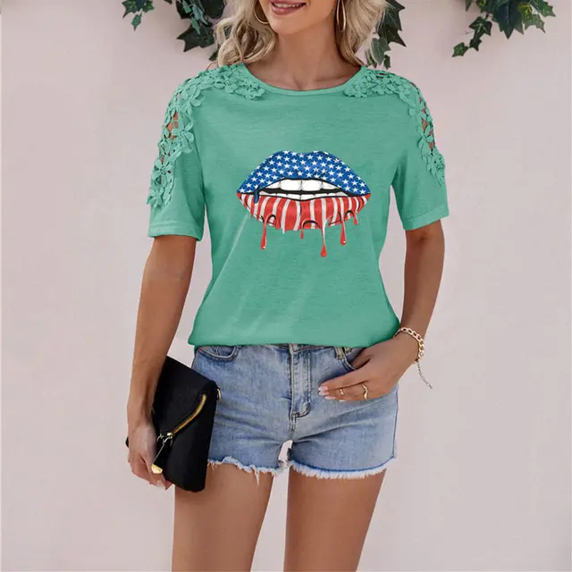 Lip Printed Short Sleeved T Shirt Green - Shop at LoveMi