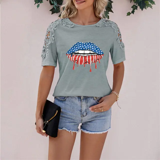 Lip Printed Short Sleeved T Shirt Grey - Shop at LoveMi