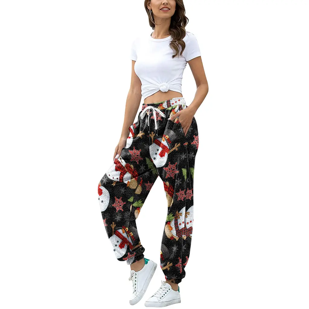 Christmas fleece plaid print pleated volley sweater pants - 2Black