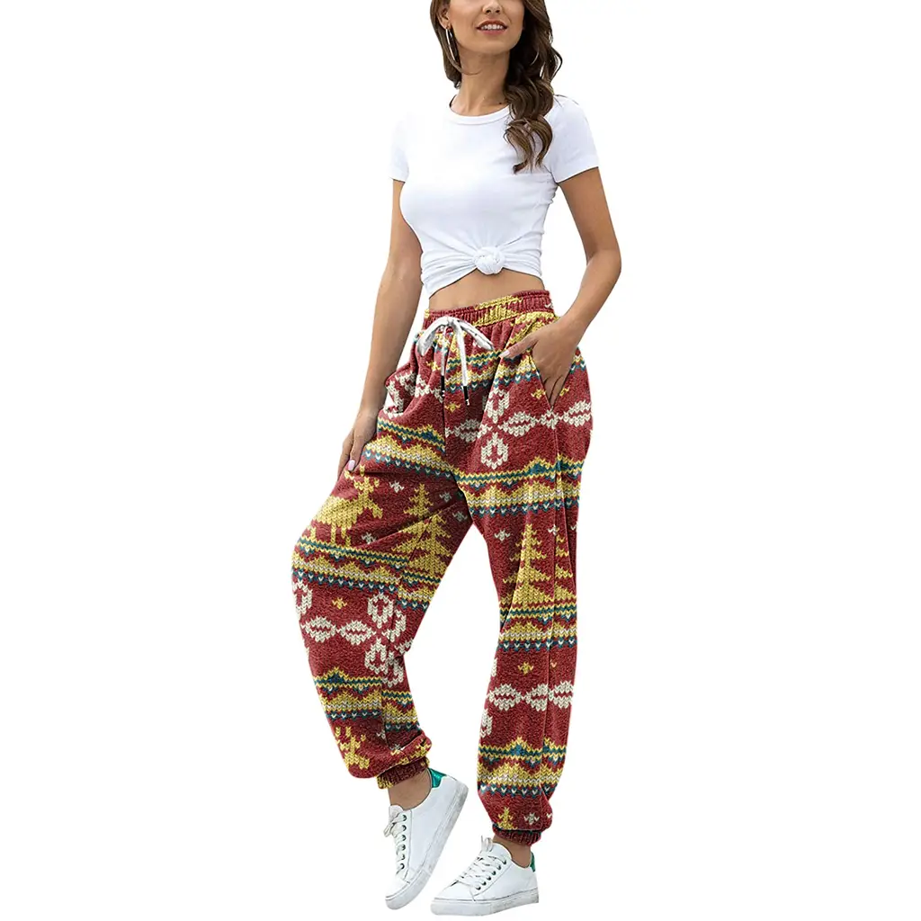 Christmas fleece plaid print pleated volley sweater pants - Claretred