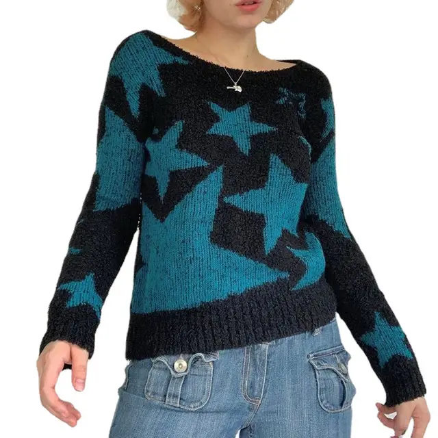 Color Contrast Star Long Sleeved Sweater Women Black - Shop at LoveMi