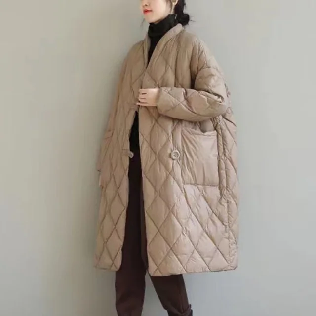 Plus Size Lightweight Down Cotton Coat Jacket Winter Long Below The Knee Loose Thick Bread Coat Khaki - Shop at LoveMi