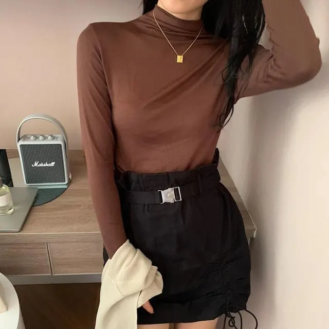 Women's High Elastic Bottoming Wear High Collar Bottoming Shirt Coffee - Shop at LoveMi