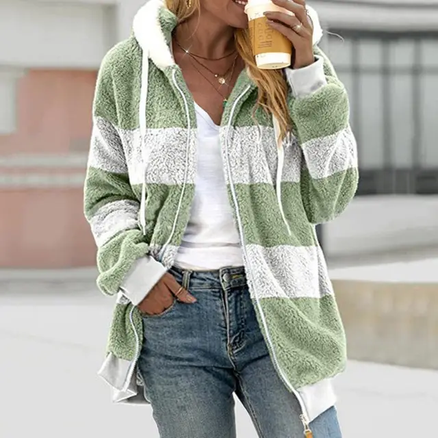 Plush Multicolor Patchwork Hooded Coat Women - Green