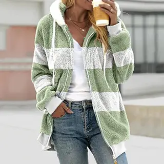 Plush Multicolor Patchwork Hooded Coat Women - Green