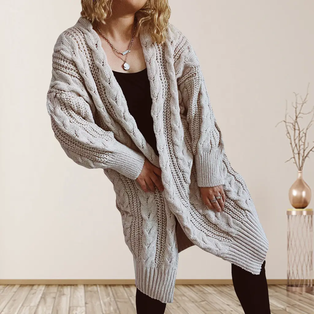 Hemp Flower Shoulder Sleeve Long Sweater Coat Women - Apricot