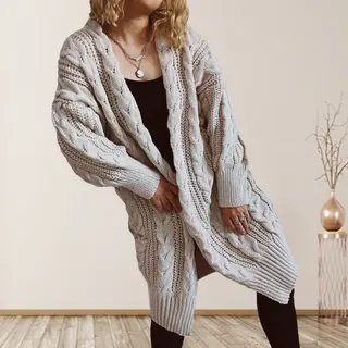Hemp Flower Shoulder Sleeve Long Sweater Coat Women - Apricot