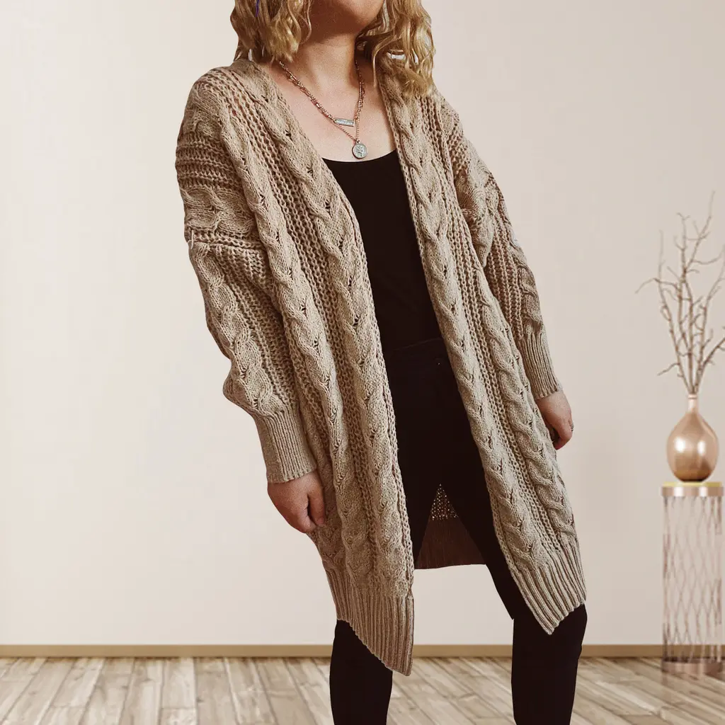 Hemp Flower Shoulder Sleeve Long Sweater Coat Women - Khaki