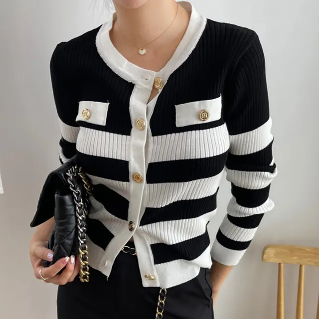 Contrast Stripe Design Long Sleeve Knitted Cardigan Woman Black - Shop at LoveMi