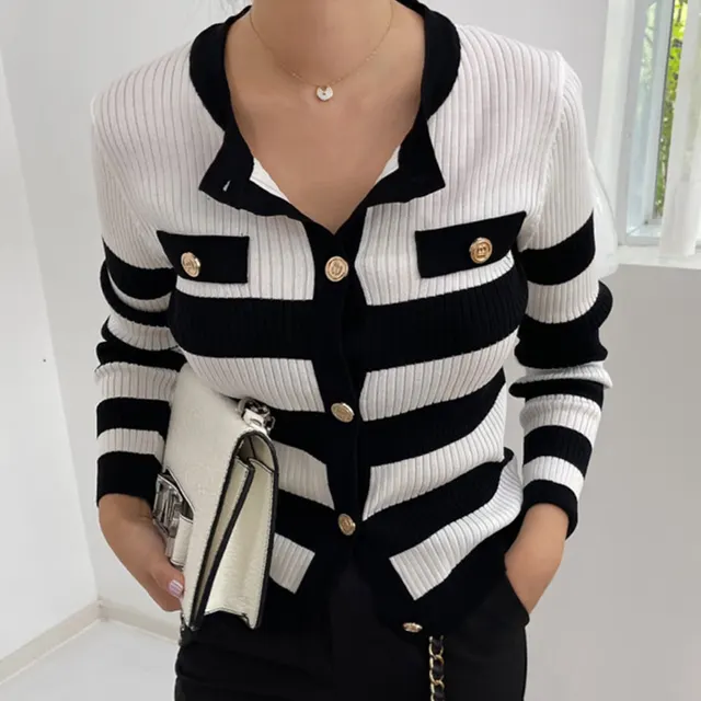 Contrast Stripe Design Long Sleeve Knitted Cardigan Woman White - Shop at LoveMi