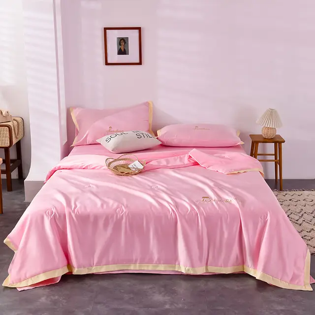 Simple Sheet Fitted Sheet Solid Color Embroidery Washed Silk Summer Quilt Set Pink - Shop at LoveMi