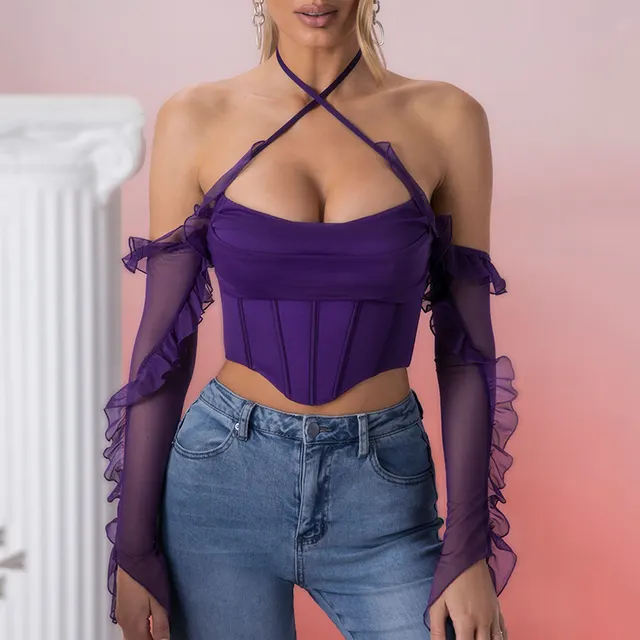 Net Yarn Fish Bone Perspective Shoulder Agaric Edge Hanging Neck T Shirt Purple - Shop at LoveMi