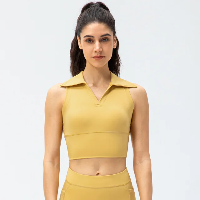 Women's Lapel Tight Yoga Vest Nude High Waist Fitness Yellow - Shop at LoveMi