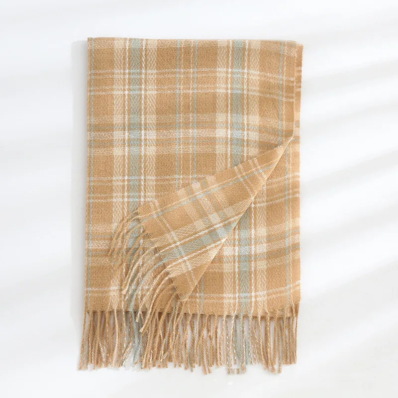Women's Fashionable Plaid Printed Tassel Shawl Warm Scarf - B2