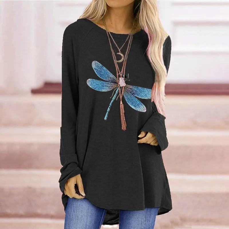 Loose Round Neck Long Sleeve T shirt For Women Black - Shop at LoveMi