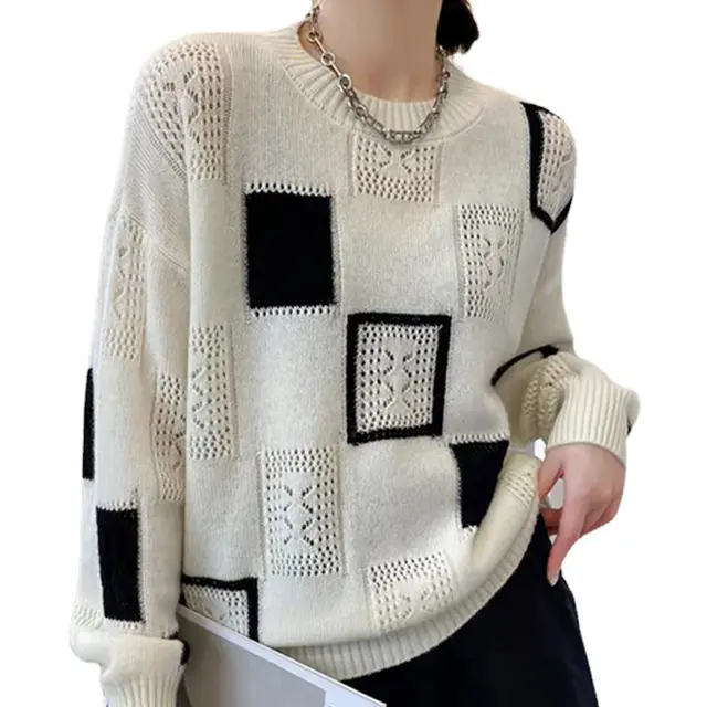 Women's Knitted Sweater Round Neck Long Sleeve Loose Slim Fashion Tide White - Shop at LoveMi