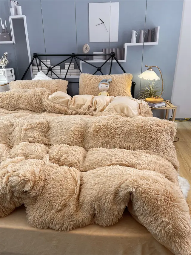Winter Thickened Mink Velvet Bed Four Piece Set Camel - Shop at LoveMi
