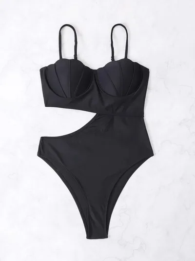 European And American Solid Color One piece Swimsuit Women Black - Shop at LoveMi