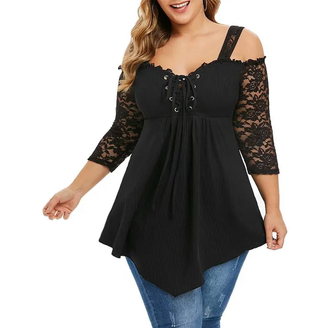 Off Shoulder Lace Sling Three Quarter Sleeves Bandage Top Women Black - Shop at LoveMi